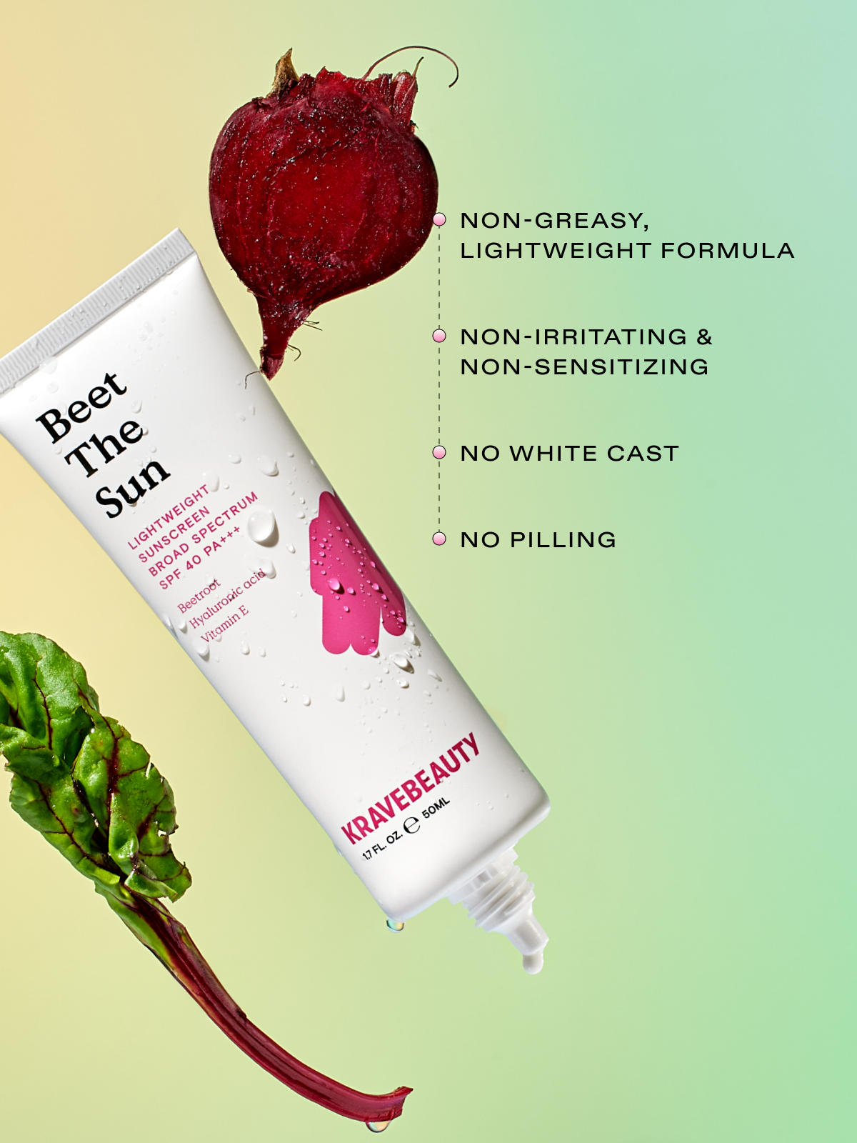 Beet The Sun has a non-greasy, lightweight formula that's non-irritating, non-sensitizing and leaves no white cast and no pilling